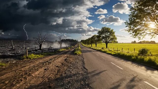 Dramatic crossroads featuring two divergent path option leading toward contrasting natural environment where one side shows a dark stormy tempest and the other reveals a bright sunny landscape view