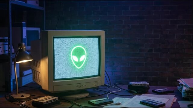 Old computer monitor displaying alien head symbol with static screen on a retro desk. Retrowave nostalgia and vintage technology