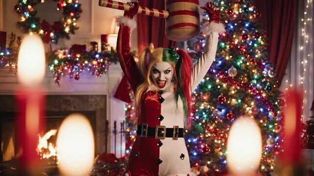 Stunning cinematic portrait festive female cosplayer iconic red jester costume holiday theme featuring vibrant Christmas ornaments and decorations in a high resolution 4K artistic style