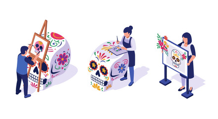 Celebration of creative day of the dead art with colorful isometric designs