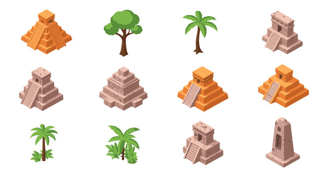 Isometric ancient pyramids and temples with palm trees in flat design