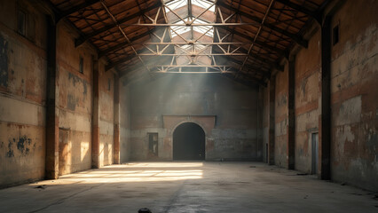 Fototapeta premium Innovative shadow art revealed in old warehouse. Ultra-realistic technology transforms space. Stunning visuals captivate audiences. Explore immersive art experiences today.