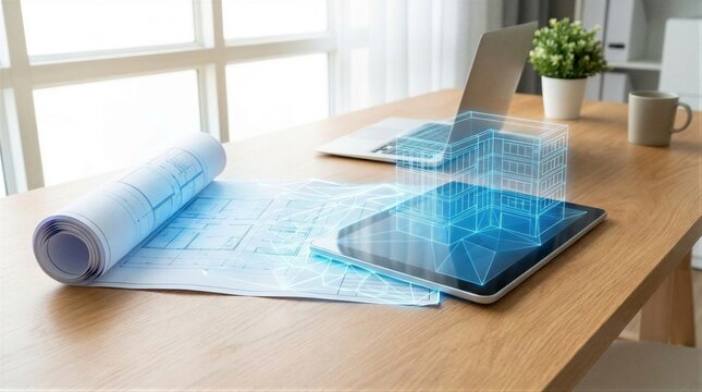 Digital blueprint on tablet with 3D building projection. Innovative architectural design with smart technology and virtual model. Future engineering concept