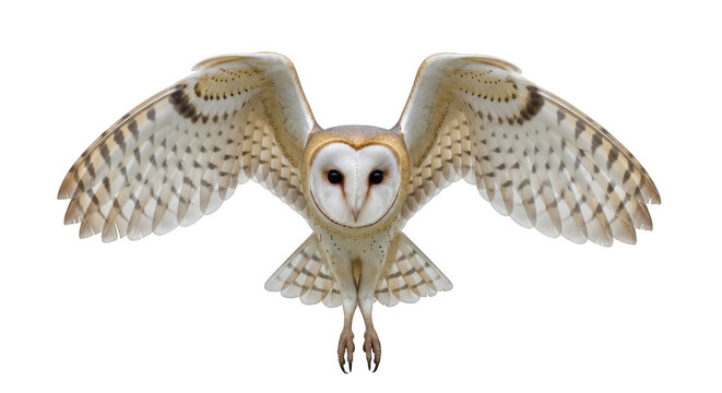 Barn owl in mid-flight with wings spread wide looking forward