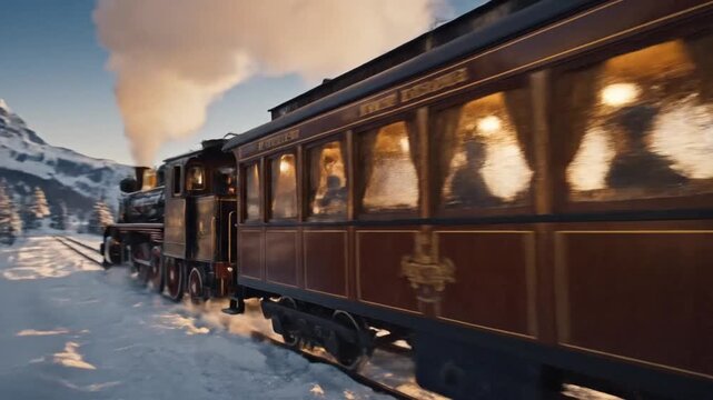 Vintage steam locomotive engine pulling classic train cars through misty landscapes, evoking memories of Agatha Christie era luxury travel and historic railway transportation heritage.