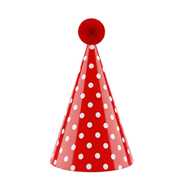 Vibrant red party hat with white polka dots and pom pom isolated on transparent background
