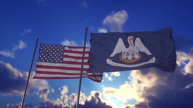 American and Louisiana State Flags Waving Against Vibrant Sunset Sky