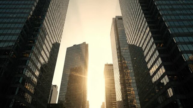Modern glass skyscrapers towering over financial district during dramatic golden hour sunset, for corporate success, economic strength, urban development, global business ambition