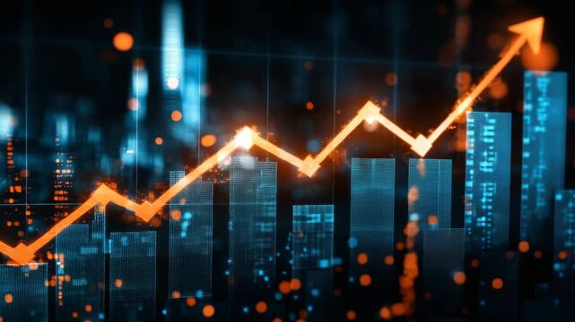 Glowing orange line graph ascending over blue bar charts depicting strong financial market analytics and positive economic growth in the digital economy