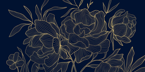 Luxury floral pattern with golden line peony flowers, Chinese and Japanese art, dark blue background. Elegant vector illustration with delicate outlines, decorative details, wedding invitation