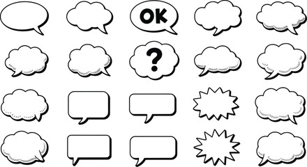 Fototapeta premium Comic speech bubbles, thought cloud icons, dialogue shapes, cartoon graphics, comic book elements, jagged burst, question mark, OK bubble, visual storytelling, comic layout, expressive symbols, graphi