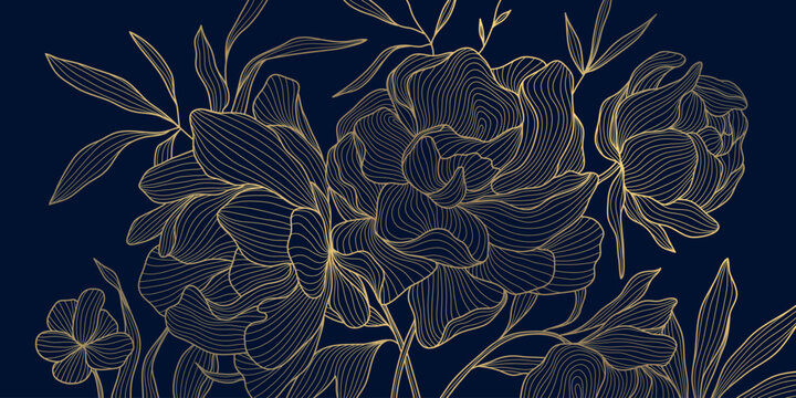 Luxury floral pattern with golden line peony flowers, Chinese and Japanese art, dark blue background. Elegant vector illustration with delicate outlines, decorative details, wedding invitation