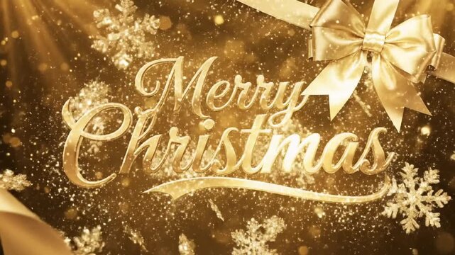 Elegant festive golden background featuring a shimmering metallic ribbon, delicate snowflakes, and ornate Merry Christmas typography for luxury holiday celebration and winter greeting 4K.