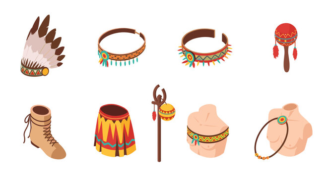 Traditional native american clothing and accessories in isometric style