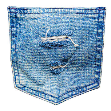 Ripped blue denim jeans pocket with transparent background