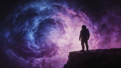 Fototapeta premium Lone astronaut silhouette standing on dark cliff edge gazing at massive glowing violet and blue nebula with high-contrast abstract gradient and heavy film grain texture. Moody atmospheric synthwave ae