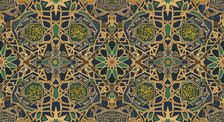 Islamic geometric artwork, ornate star motif, Arabic calligraphy, gold green blue design, sacred ornament, cultural heritage, decorative craftsmanship, spiritual art