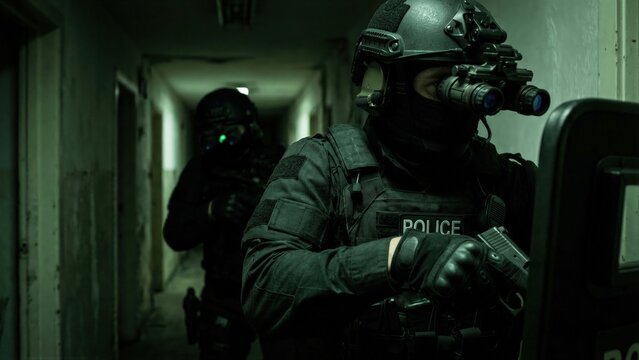 Police special force member with night vision goggles on tactical operation. Swat officer in uniform holding pistol and shield. Criminal raid concept