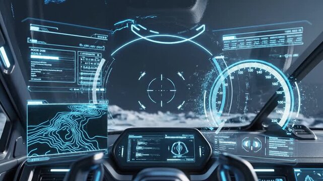 Futuristic spaceship cockpit with holographic HUD displaying navigation and data