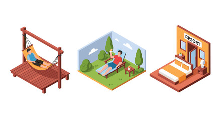 Fototapeta premium Isometric scenes of relaxation: hammock, garden, resort room