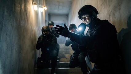 Naklejka premium Tactical man leading his swat team in a dark corridor with a flashlight search. Concept of police special forces operation and danger
