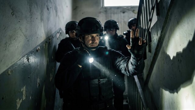 Swat team man with tactical gear and flashlight on stairs. Group of military operatives on stealth mission. Law enforcement training and action concept