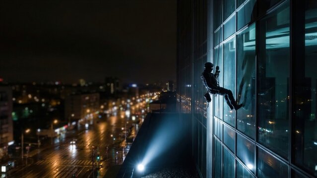 Man, a swat operative, rappelling down a modern building facade at night. Tactical special forces operation concept. Urban combat