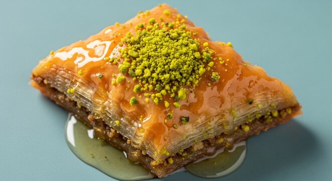 Greek Baklava, honey syrup, crushed pistachios, flaky layers, plain teal