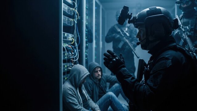 Man swat officer detaining hackers in data center. Tactical team raid in server room. Cybercrime arrest operation concept. Military police mission