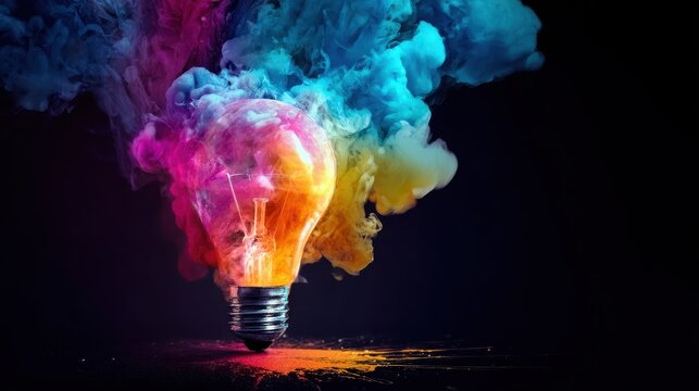 Lightbulb eureka moment with Impactful and inspiring artistic colourful explosion of paint energy Generative Ai, ideal for creativity, innovation, and motivational design