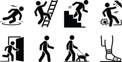 Safety icons, accident symbols, hazard pictograms, injury graphics, walking activity, stair fall, ladder slip, dog walking, black vector, silhouette set, public signage, safety awareness, everyday haz © Sharon 