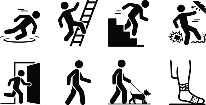 Safety icons, accident symbols, hazard pictograms, injury graphics, walking activity, stair fall, ladder slip, dog walking, black vector, silhouette set, public signage, safety awareness, everyday haz