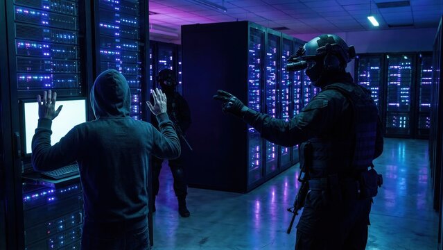 Swat team apprehending a hacker in a dark server room during a cybersecurity breach. Data center security concept