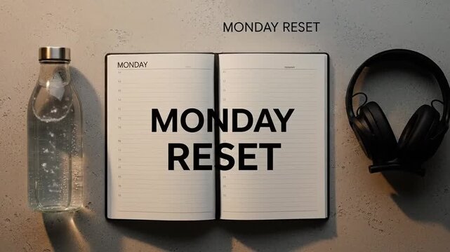 Monday Reset - Water Bottle, Notebook, and Headphones for Productivity.