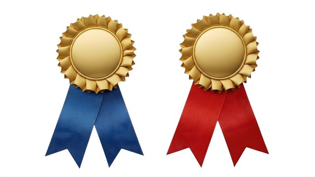 Two gold rosette ribbons with blue and red tails on transparent background
