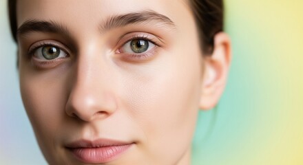 Obraz premium Close-up portrait of a serene young woman with captivating green eyes and natural, radiant skin, reflecting health and tranquility against a softly blurred, colorful backdrop