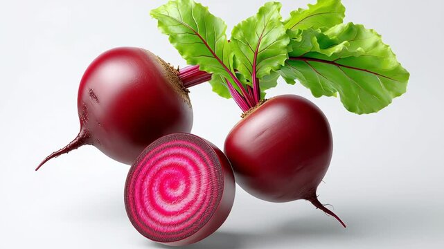 Fresh red beetroots with green leaves displayed together, showcasing their vibrant colors and textures, with one beetroot cut in half revealing concentric pink and white rings on a clean white backgro