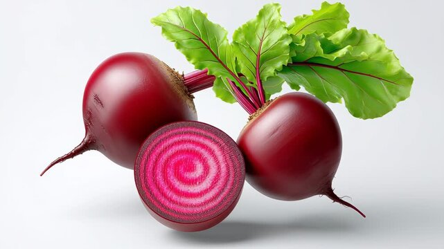 Fresh beetroots with vibrant green leaves displayed together, showcasing their rich red color and circular cross-section revealing intricate patterns, set against a clean white background