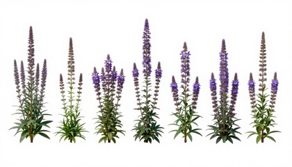 Purple flower spikes plants row isolated on white background