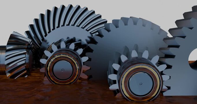 Close up demonstration of oil level in a flooded lubrication system in gearbox assembly. Oil level located mid point of the bearing rollers. Mechanical drive system