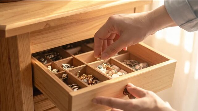 Woman organizing jewelry in a wooden drawer with compartments