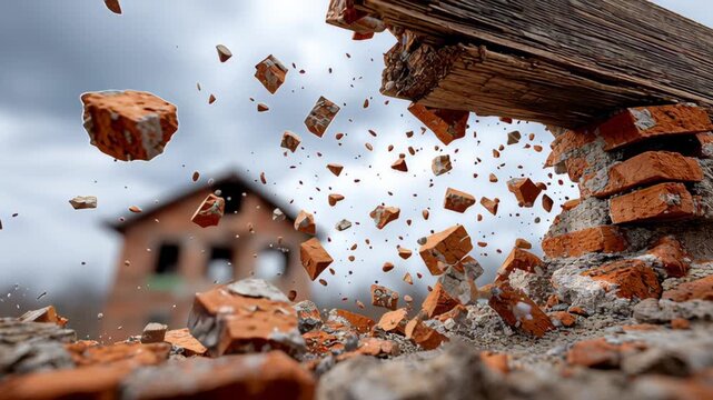 Destruction of a brick wall with wooden beam collapsing, debris scattering in the air, revealing an abandoned building in the background under a cloudy sky