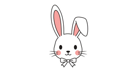 Obraz premium Cute white rabbit character with pink ears and rosy cheeks wearing a small bow tie on a plain white background for children and spring themes.