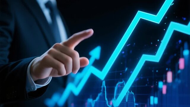 Businessman analyzing bullish stock market charts with digital financial graphs showing upward trend in economic trading for successful investment decisions and growth
