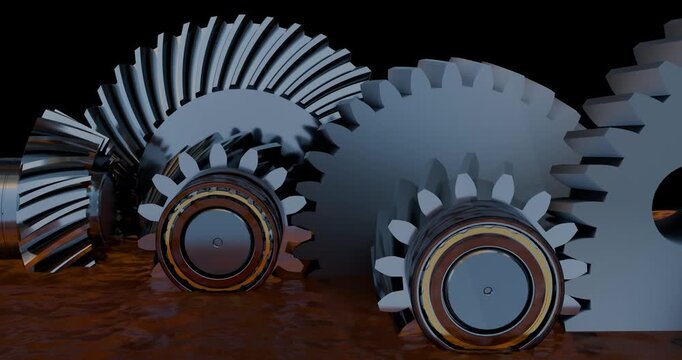 Close up demonstration of oil level in a flooded lubrication system in gearbox assembly. Oil level located mid point of the bearing rollers. Mechanical drive system
