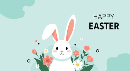 Obraz premium Adorable white easter bunny surrounded by spring flowers with happy easter text on a soft light blue background.