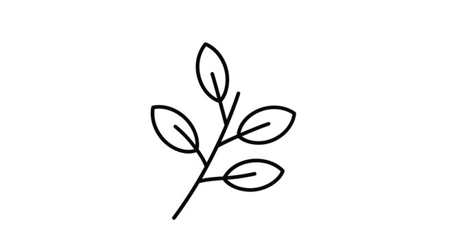 Minimalist black and white line art illustration of a small branch with four leaves on a plain white background.