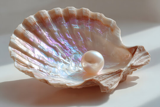 A pearl sits inside a shell with bright colors reflecting light from a nearby window during midday