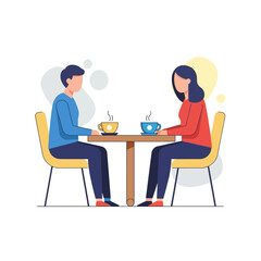 Fototapeta premium Couple Sitting at Cafe Table with Coffee Cups, Flat Design Illustration