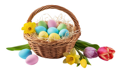 Wicker basket filled with pastel colored eggs and flowers with yellow, pink, and purple tulips on a white high-key lighting with cutout object